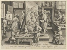 New Inventions of Modern Times [Nova Reperta], The Invention of Oil Painting, plate 14..., ca. 1600. Creator: Jan Collaert I.