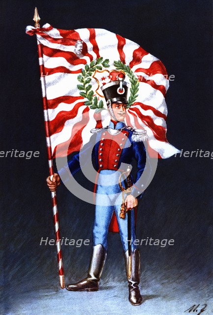 Flag bearer from the canton of Valais, c. 1819. Color engraving from 1943, published by Editions …
