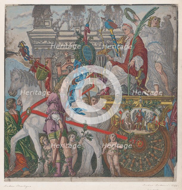 Sheet 9: Julius Caesar in his horse-drawn chariot, from The Triumph of Julius Caesar, 1599. Creator: Bernardo Malpizzi.