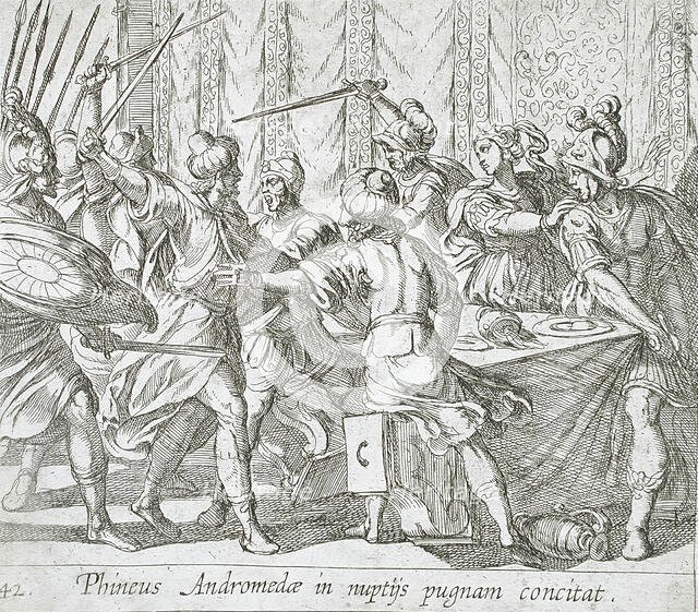 Phineus Attacking Perseus at the Wedding, published 1606. Creators: Antonio Tempesta, Wilhelm Janson.