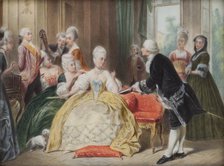 Gluck hands Queen Marie Antoinette the score of his first opera, c1770s. Creator: Unknown.