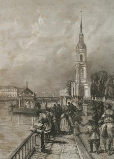 Bell tower of St. Nicholas Naval Cathedral, Saint Petersburg, Russia, 1839.  Creator: Hippolyte Lalaisse.