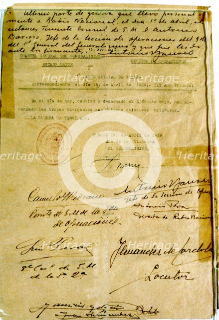 Spanish Civil War (1936 - 1939), the last part of war read by National Radio of Spain.