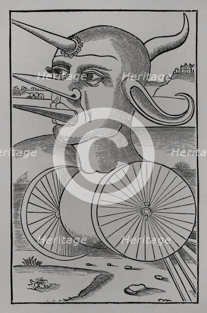 Wheeled war machine for breaking enemy ranks or crushing soldiers, 1532, (1877).  Creator: Unknown.