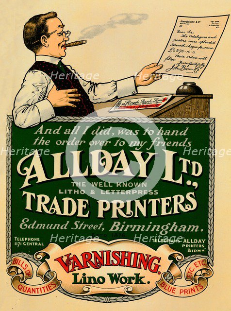 'Allday Ltd., Trade Printers advertisement', 1910. Artist: Unknown.
