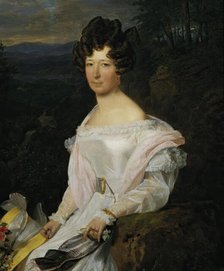 Lady in a white dress in front of a Vienna Woods landscape, 1829. Creator: Ferdinand Georg Waldmuller.