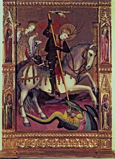 Altarpiece of Saint George. Central panel, the hand of God blesses the Saint protecting him, at t…