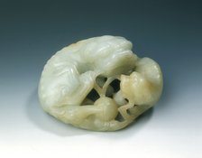 Jade group of lion dog, cub and brocade ball, Ming dynasty, China, 1368-1644. Artist: Unknown