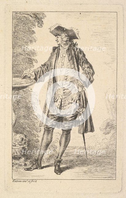 Standing man with his right hand resting on a basin, shown in three-quarters view with..., ca. 1710. Creator: Jean-Antoine Watteau.