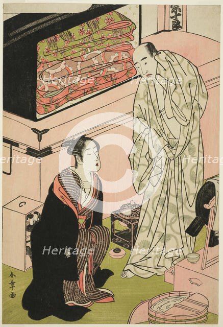 The Actor Sawamura Sojuro III (right), in His Dressing Room in Conversation with the..., c. 1780/83. Creator: Shunsho.