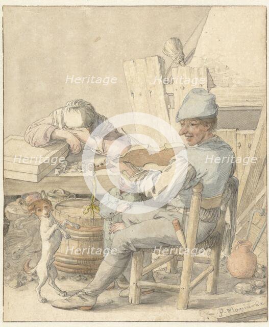 Interior with man playing violin, sleeping woman and dancing dog, 1616-1686. Creator: Pieter Moninckx.