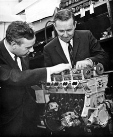 Keith Duckworth (left) with Harley Copp and Ford Formula II engine 1966. Creator: Unknown.
