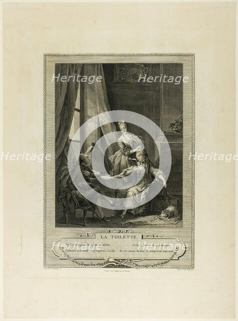 La Toilette, from Monument du Costume Physique et Moral de la fin du Dix-huitième siècle, 1774. Creator: Nicolas-Joseph Voyez.