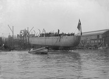 The launch of 'Almirante Simpson' at J. Samuel White shipyard, Cowes, 26th February 1914. Creator: Kirk & Sons of Cowes.