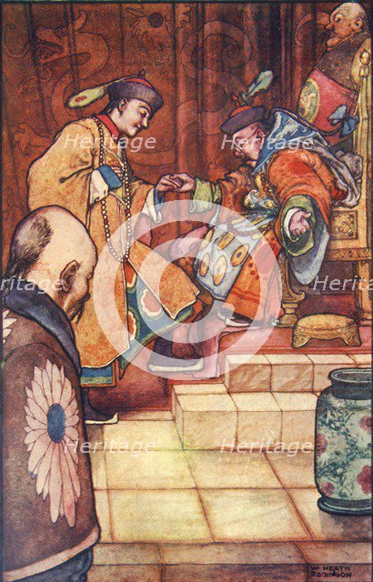 'When the young man have fallen at his feet, the Sultan held him by the hand', c1930. Creator: W Heath Robinson.