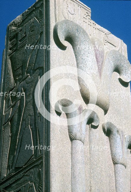 Closeup of stylised lotus plants on a column, Temple of Amun, Karnak, Egypt. Artist: Unknown