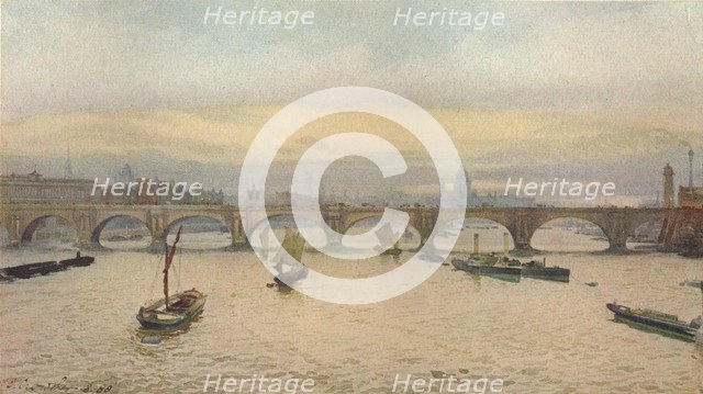 'Waterloo Bridge From Charing Cross Railway Bridge', 1888 (1926). Artist: John Crowther.