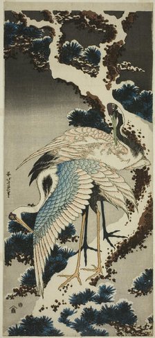 Cranes on snow-covered pine, Japan, c. 1834. Creator: Hokusai.