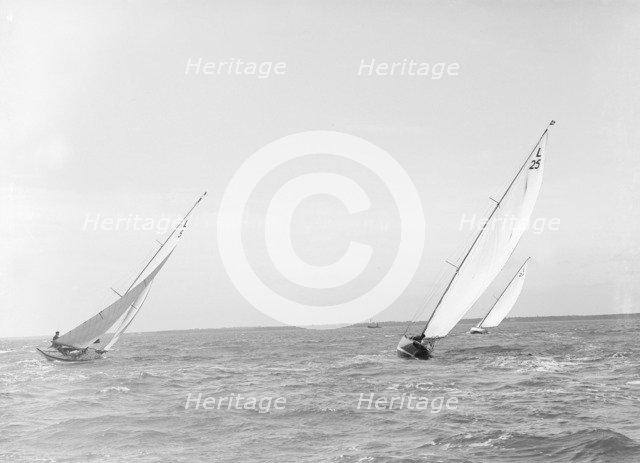 The 6 Metre class 'Vanda', 'Stella' and 'Lanka' racing upwind, 1914. Creator: Kirk & Sons of Cowes.