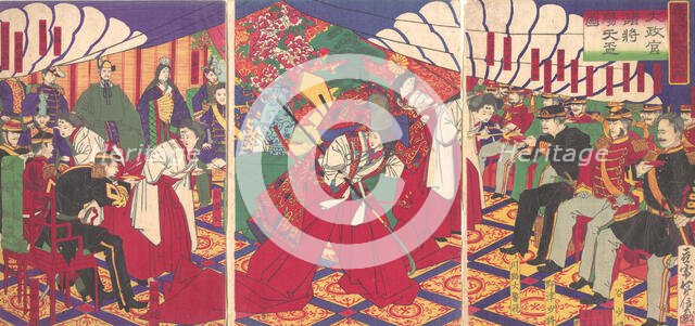 Commanders Receiving the Emperor's Drinking Cups, 1886 (Meiji 19). Creator: Yamazaki Toshinobu.