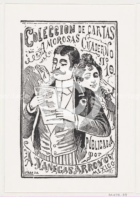A woman looking over a man's shoulder at the letter in his hand, illustration for..., ca. 1880-1910. Creator: José Guadalupe Posada.