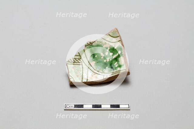 sherd, red body, white slip, green glaze, Mamluk period, 1250-1516. Creator: Unknown.