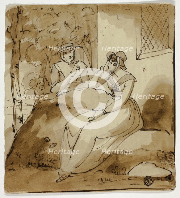 Two Women Conversing Near House, 1790. Creator: Unknown.