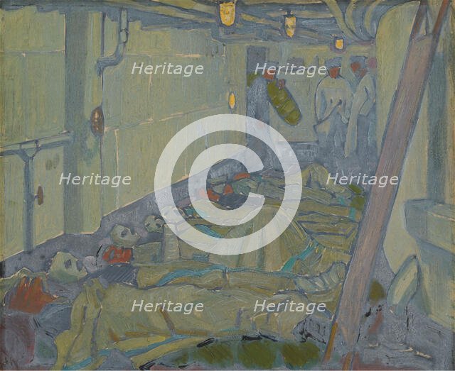 World War I: wounded sailors after treatment lying in hammocks on deck, c1918. Creator: Jan Gordon.