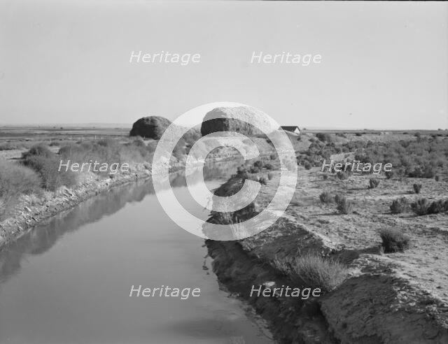 Irrigation canal and the preacher's farm, Dead Ox Flat, Malheur County, Oregon, 1939. Creator: Dorothea Lange.