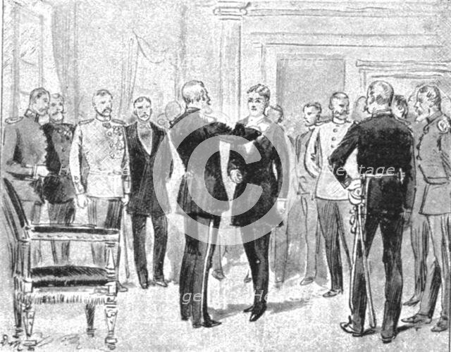 'H.R.H. The Prince of Russia Investing H.R.H. The Prince of Wales with the Order of the..., 1891. Creator: Unknown.