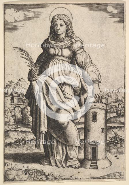 Saint Barbara standing, palm in her right hand, resting her left hand on a tower, 1530-60. Creator: Master of the Die.