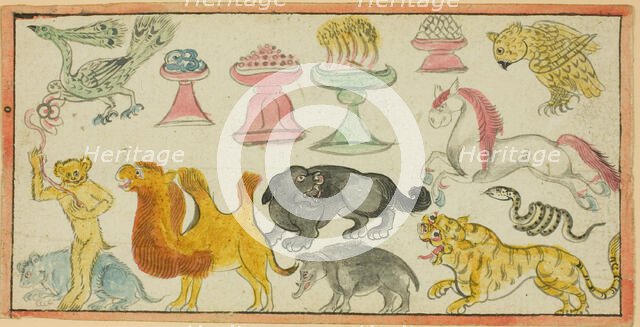 Page from a Manuscript with Images of Auspicious Animals and Offerings, Mongolia, 19th century. Creator: Unknown.