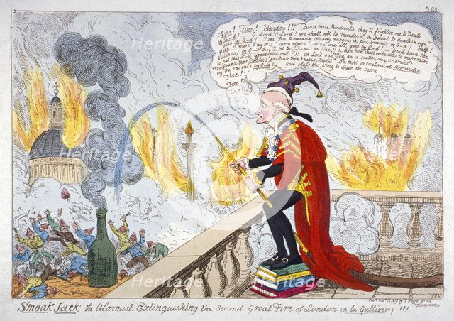 'Smoak Jack the alarmist, extinguishing the second Great Fire of London (a la Gulliver)!!!', 1819.   Artist: Anon