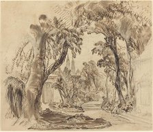 A Tree-lined Garden Path (Preliminary Sketch for "Sleeping Beauty and the Beast"?), 1900?. Creator: Robert Caney.