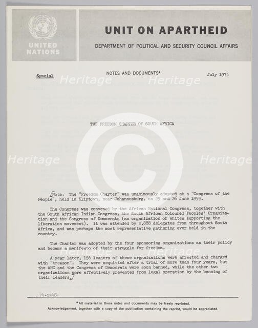 Notes from the United Nations on the Freedom Charter of South Africa, July 1974. Creator: Unknown.