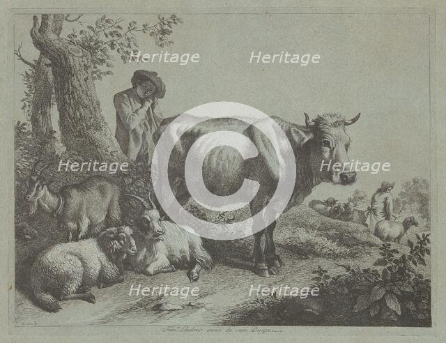Standing Cow and a Shepherd Boy with Flock, 1760s. Creator: Francesco Londonio.