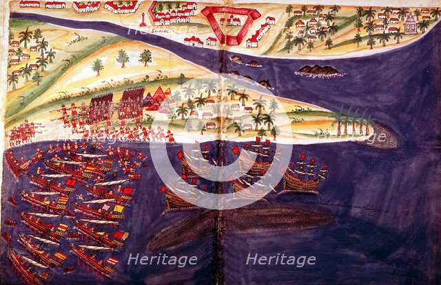 Battle between Muslims and Portuguese at Surat, Gujarat near Bombay, India, c16th century Artist: Unknown