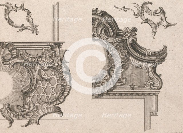 Suggestion for the Decoration of Lower Right and Top Right of a Framel, Pla..., Printed ca. 1750-56. Creator: Jeremias Wachsmuth.