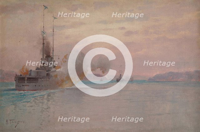 The Russian naval bombardment of the Bosphorus, 1915-1916. Artist: Hansen (Hanzen), Alexey (1876-1937)