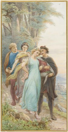 The reunited bridal couples on their way out of the forest, in front Helena and Demetrius..., 1883. Creator: Leopold Bode.