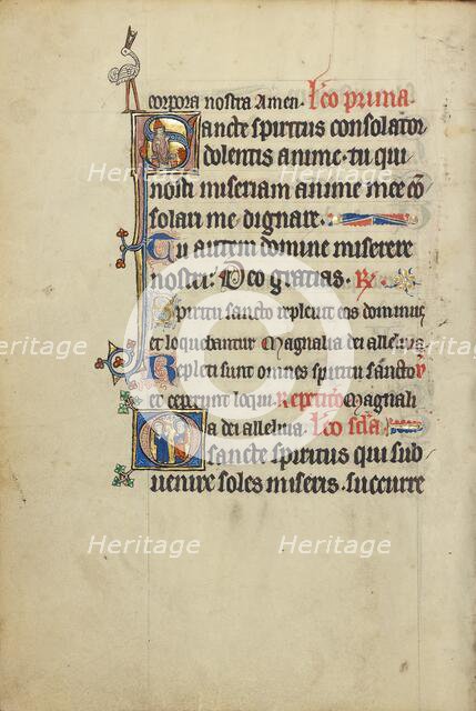 Initial S: A Bishop before a Fire: Initial O: A Nimbed Monk and a Female Saint, about 1300. Creator: Unknown.