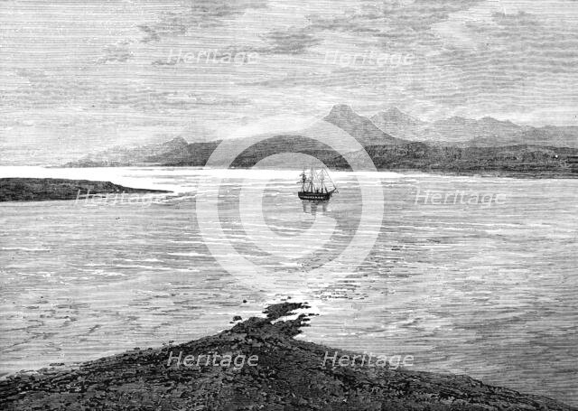 The Ocean Depth Exploring Voyage: H.M.S. Challenger at anchor in Royal Sound, Kerguelen Land, 1874. Creator: Unknown.