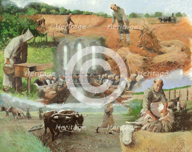 Monks at work, c13th century, (c1990-2010) Artist: Ivan Lapper.