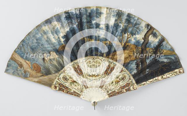 Folding fan with forest and river landscape, and three nymphs, c.1760. Creator: Anon.