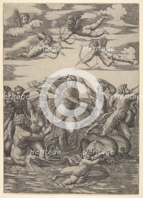Galatea standing in a water-chariot pulled by two dolphins, surrounded by tritons, nere..., 1515-16. Creator: Marcantonio Raimondi.