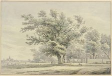House with a wagon under trees, a meadow with cattle and a village to the left. Creator: Hendrik Spilman.