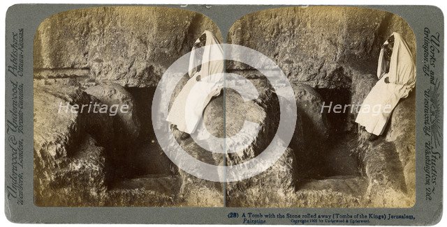 A tomb with the entrance stone rolled away, Jerusalem, 1901. Artist: Underwood & Underwood