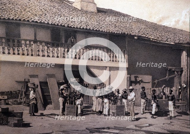 Black slaves boxing and weighing the sugar, working on an agricultural plantation, reproduction o…