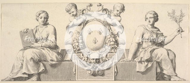 The Arms of France Accompanied by Personifications of Law and Good Faith, 1664. Creator: Claude Mellan.