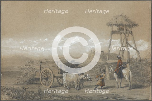 The Cossack's fort in the Caucasus, 1846. Artist: Gagarin, Grigori Grigorievich (1810-1893)